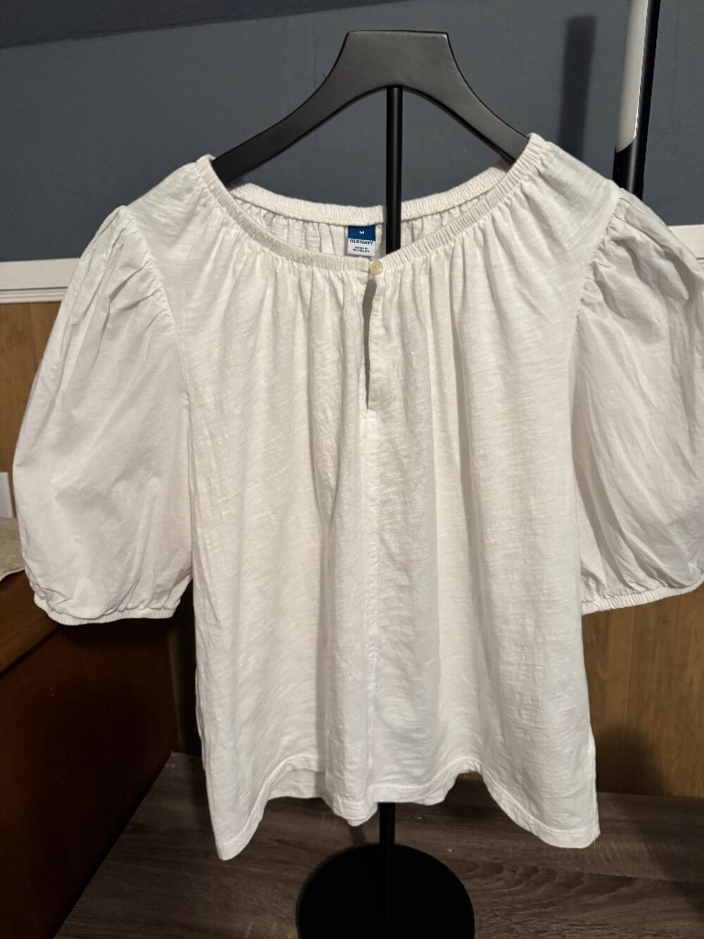 Old Navy White Puff Sleeve Gathered Scoop Neck Blouse Top Medium